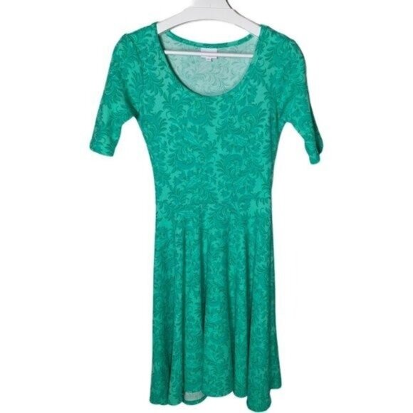 LuLaRoe XS Green Fit Flare Dress Floral Damask Stretch Made in USA - Picture 1 of 10
